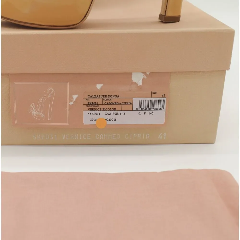 Miu Miu Yellow Brown‎ Patent Leather Platform Peep Toe Bow Pumps Heels EU 41
